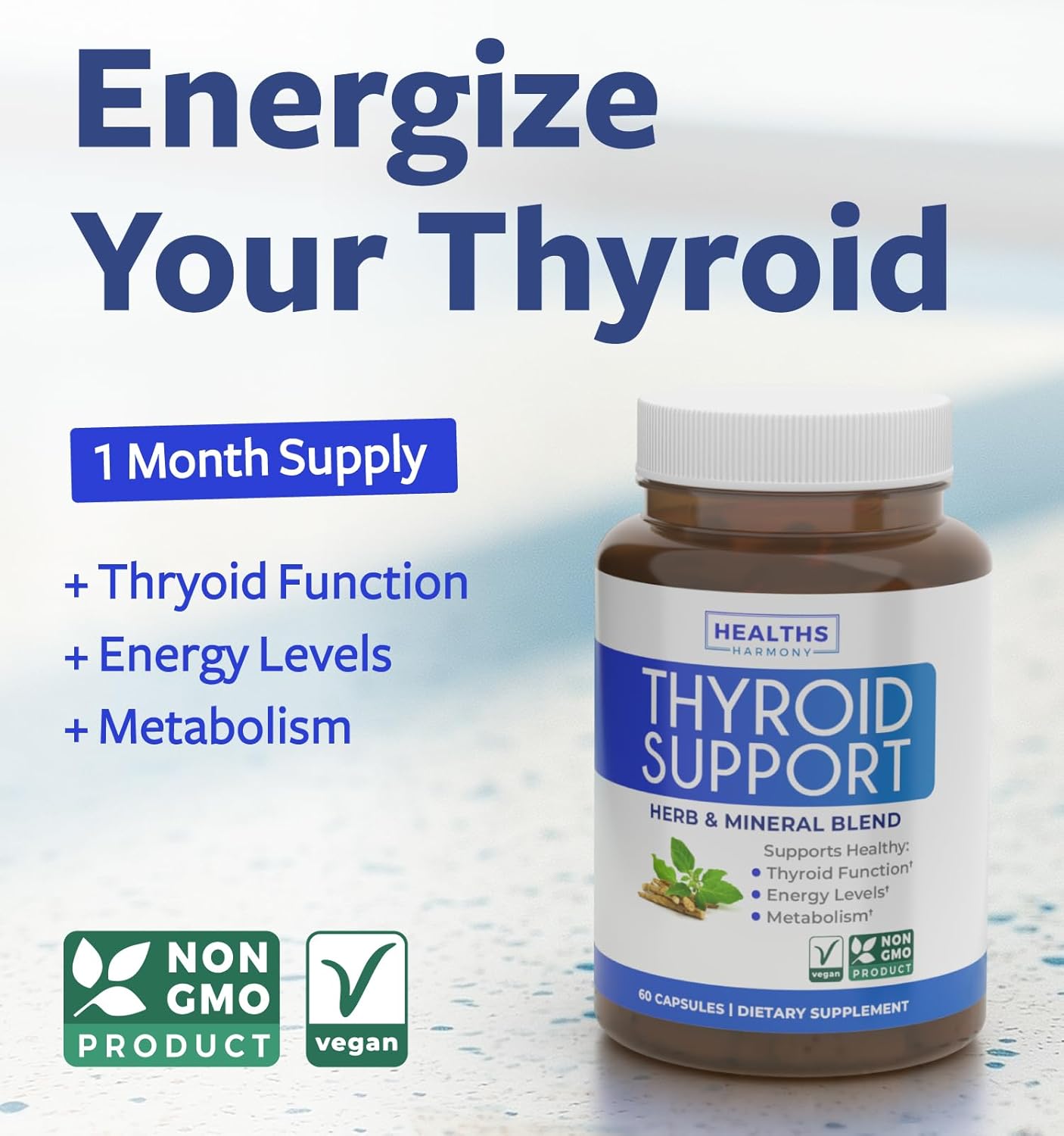 Thyroid Support Supplement with Iodine for Energy & Weight Loss - Non-GMO Metabolism Booster for Men & Women - Ashwagandha, Zinc, B12 - 60 Caps