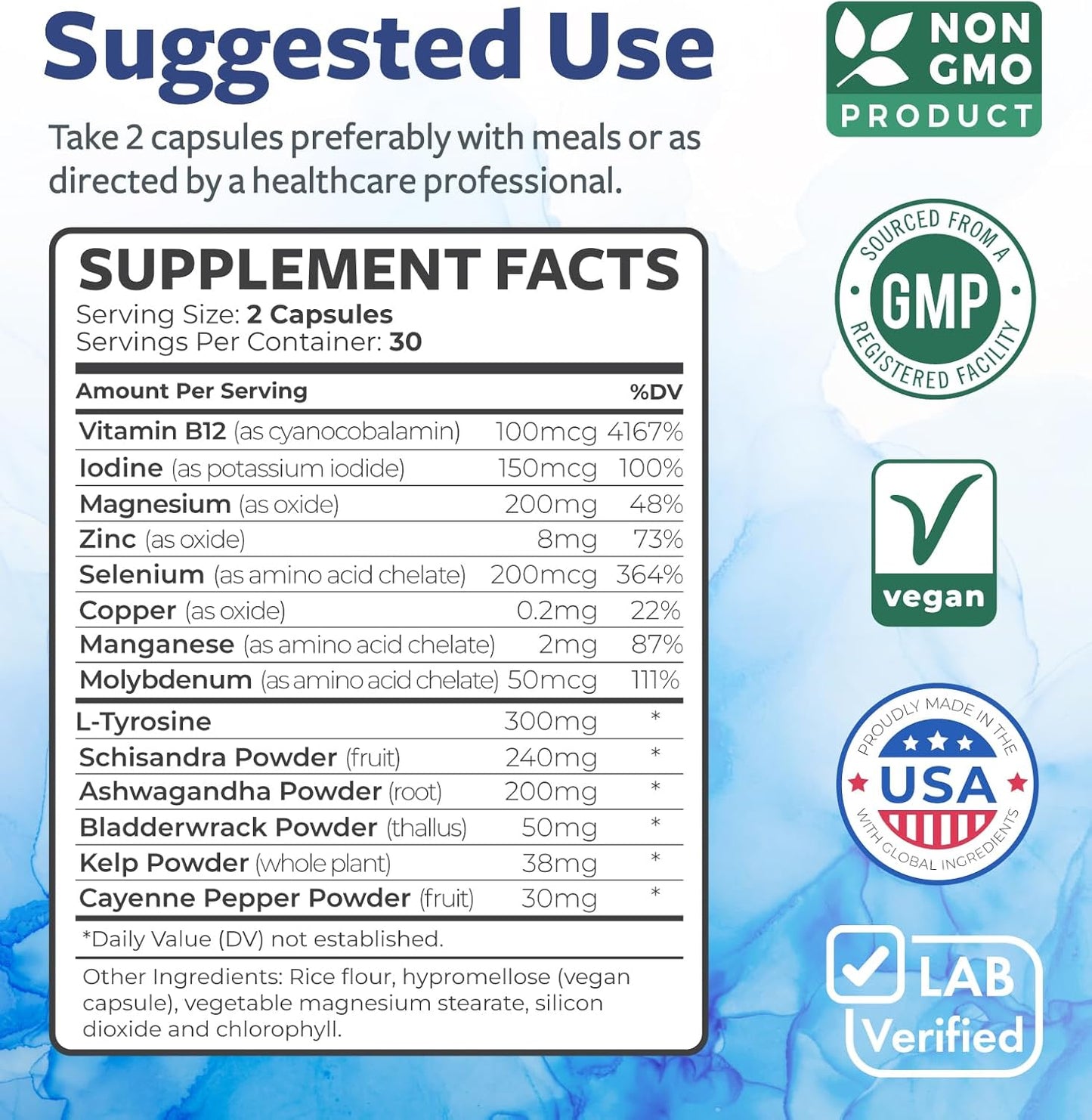 Thyroid Support Supplement with Iodine for Energy & Weight Loss - Non-GMO Metabolism Booster for Men & Women - Ashwagandha, Zinc, B12 - 60 Caps