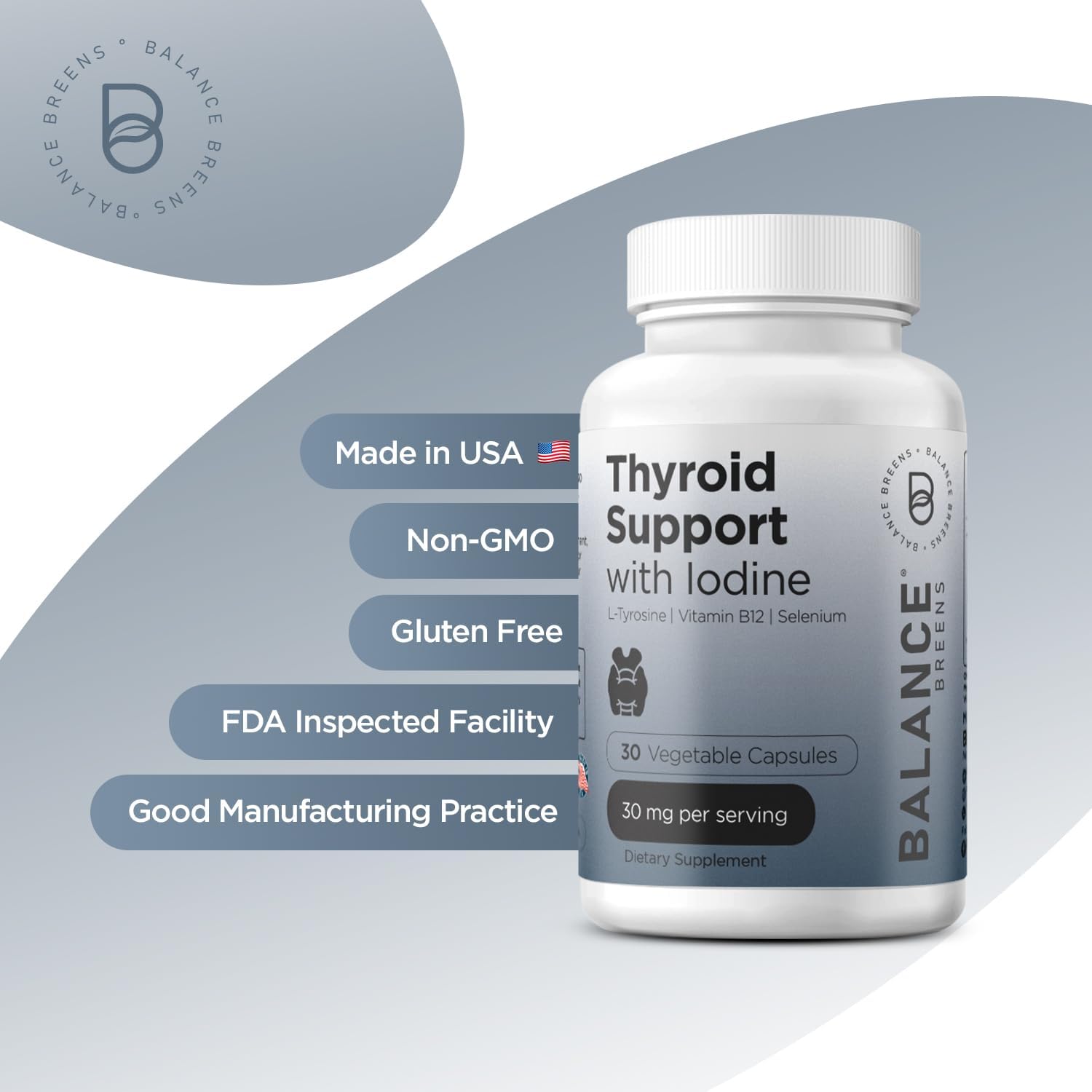 Thyroid Support Supplement with Iodine, L-Tyrosine, Vitamin B12 & Selenium - Boost Energy, Metabolism & Focus with 30 Veg Capsules