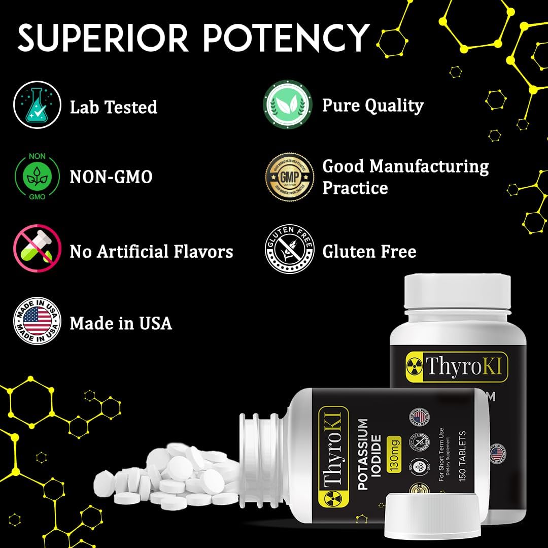 ThyroKI Potassium Iodide Tablets 130mg - 150 Tablets for Thyroid Support | Fast Dissolving KI Pills - Non-GMO Emergency Survival Supplement