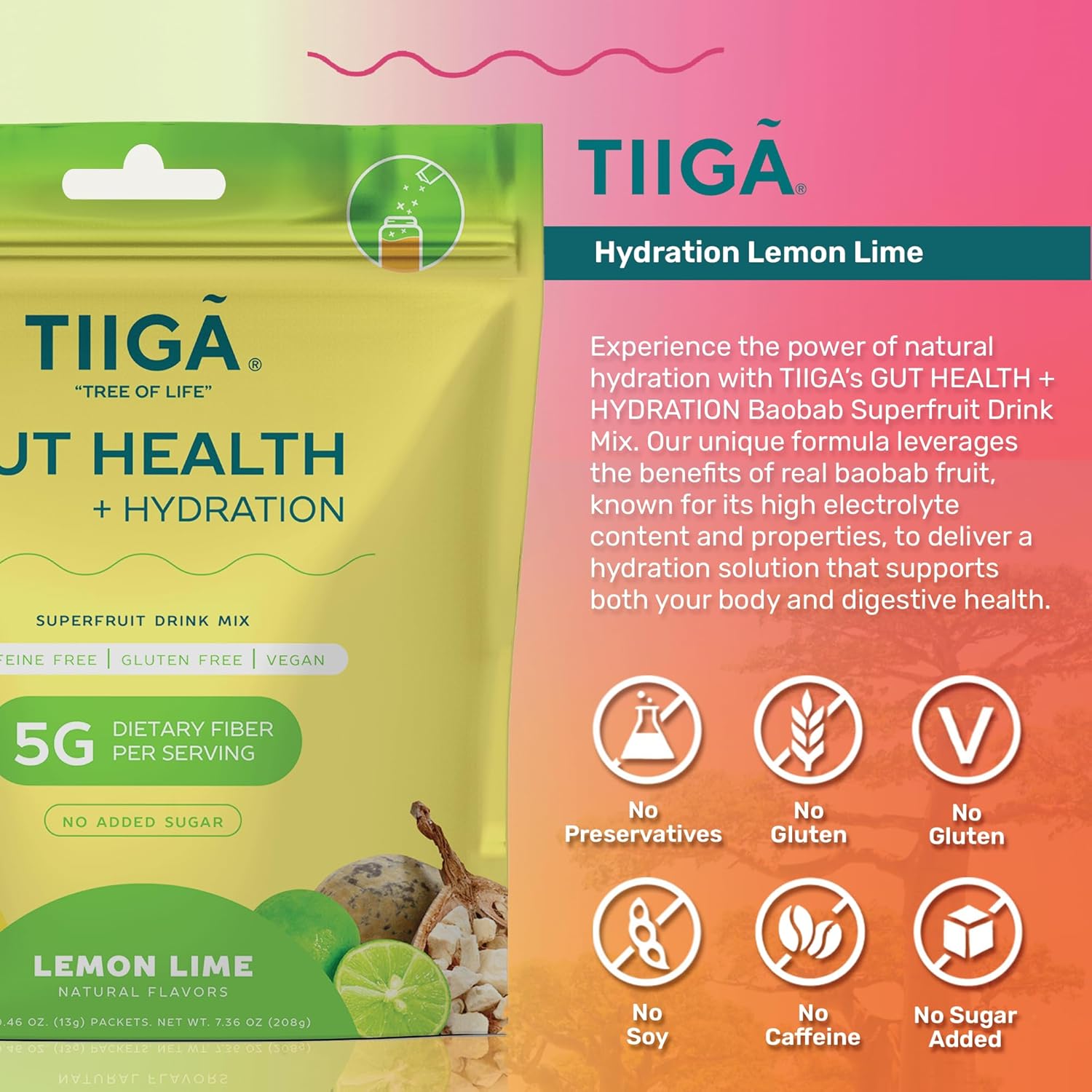 Tiiga Plant-Based Energy Drink with Baobab Superfruit & Prebiotics - Natural Stamina Boost, Vegan & Gluten-Free, Low Sugar Formula for Focus & Gut Health