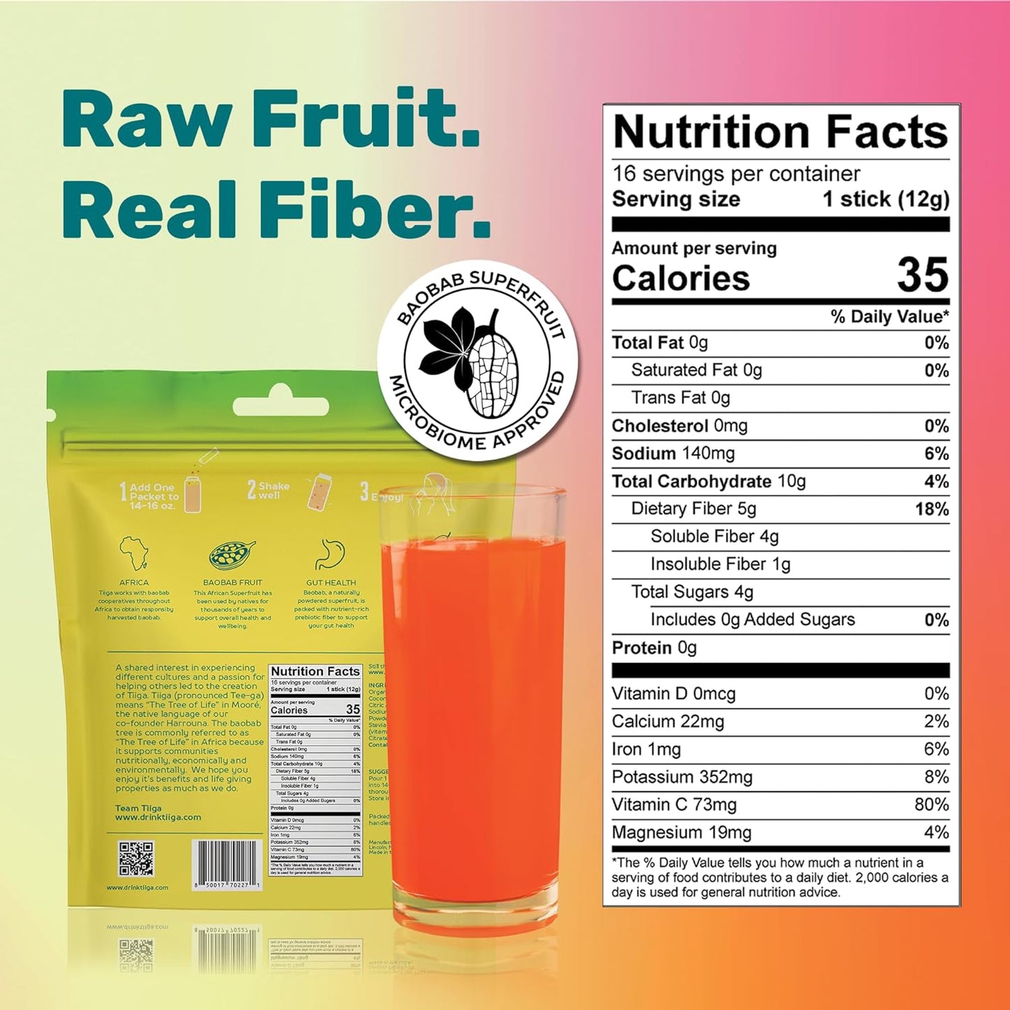 Tiiga Plant-Based Energy Drink with Baobab Superfruit & Prebiotics - Natural Stamina Boost, Vegan & Gluten-Free, Low Sugar Formula for Focus & Gut Health