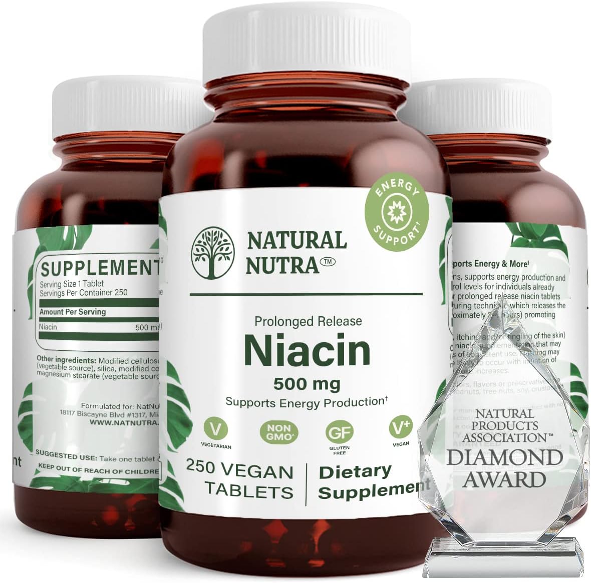 Time-Release Natural Niacin 500mg for Cardiovascular and Skin Health - Vegan Tablets