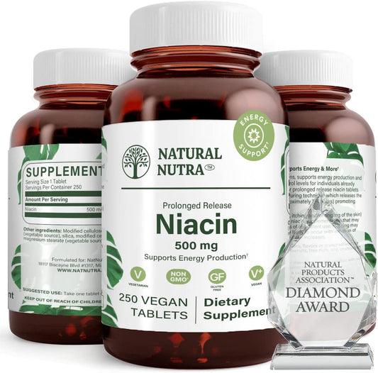 Time-Release Natural Niacin 500mg for Cardiovascular and Skin Health - Vegan Tablets