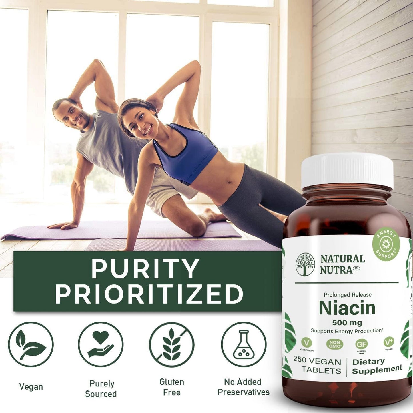 Time-Release Natural Niacin 500mg for Cardiovascular and Skin Health - Vegan Tablets