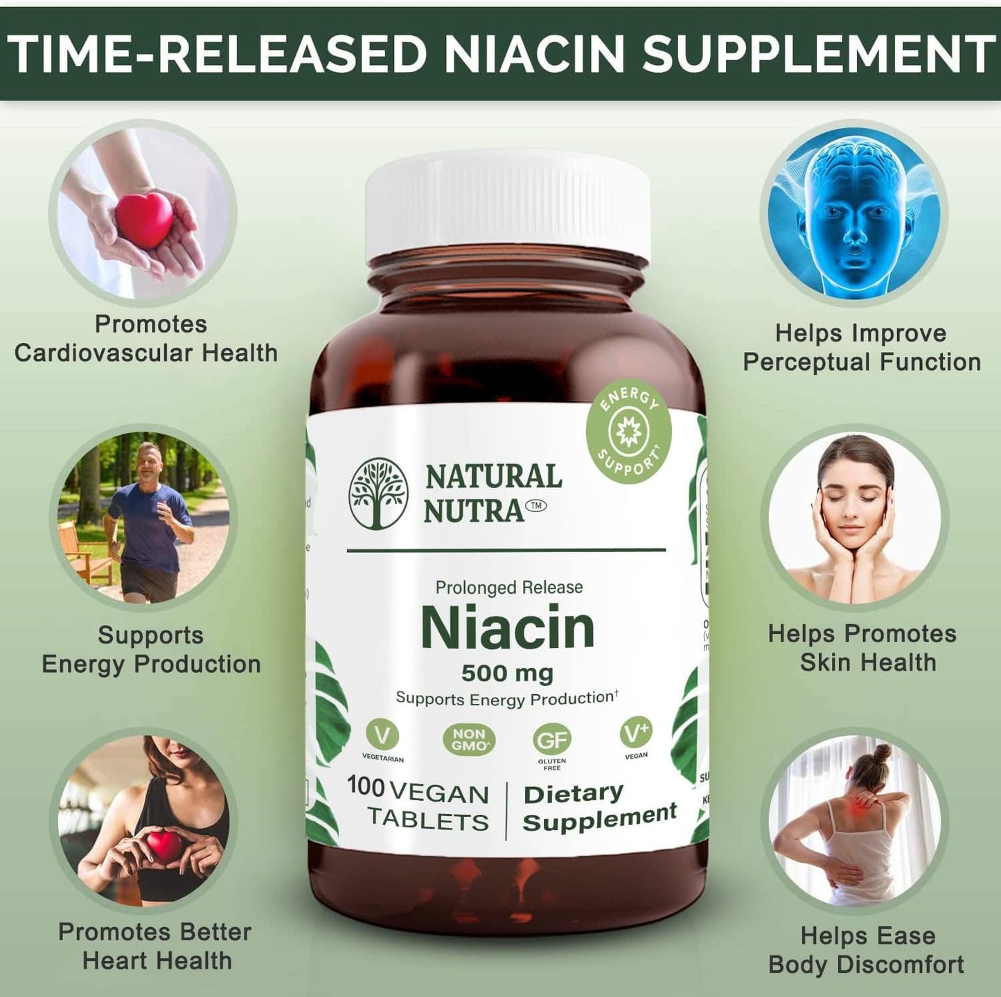 Time-Release Niacin 500mg for Energy, Cardiovascular & Skin Health - 100 Vegan Tablets