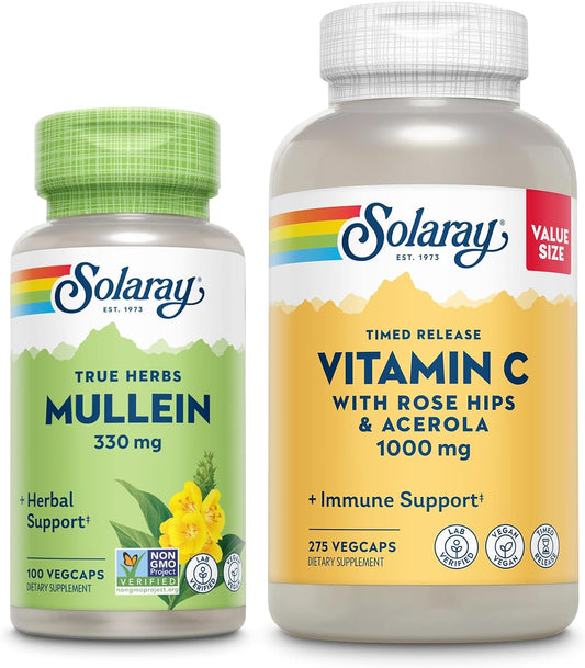 Time Release Vitamin C and Mullein Leaf Capsules Bundle for Wellness Support - Vegan, 1000mg Vitamin C Supplement, Mullein Capsules, 60-Day Guarantee - 275/100 VegCaps