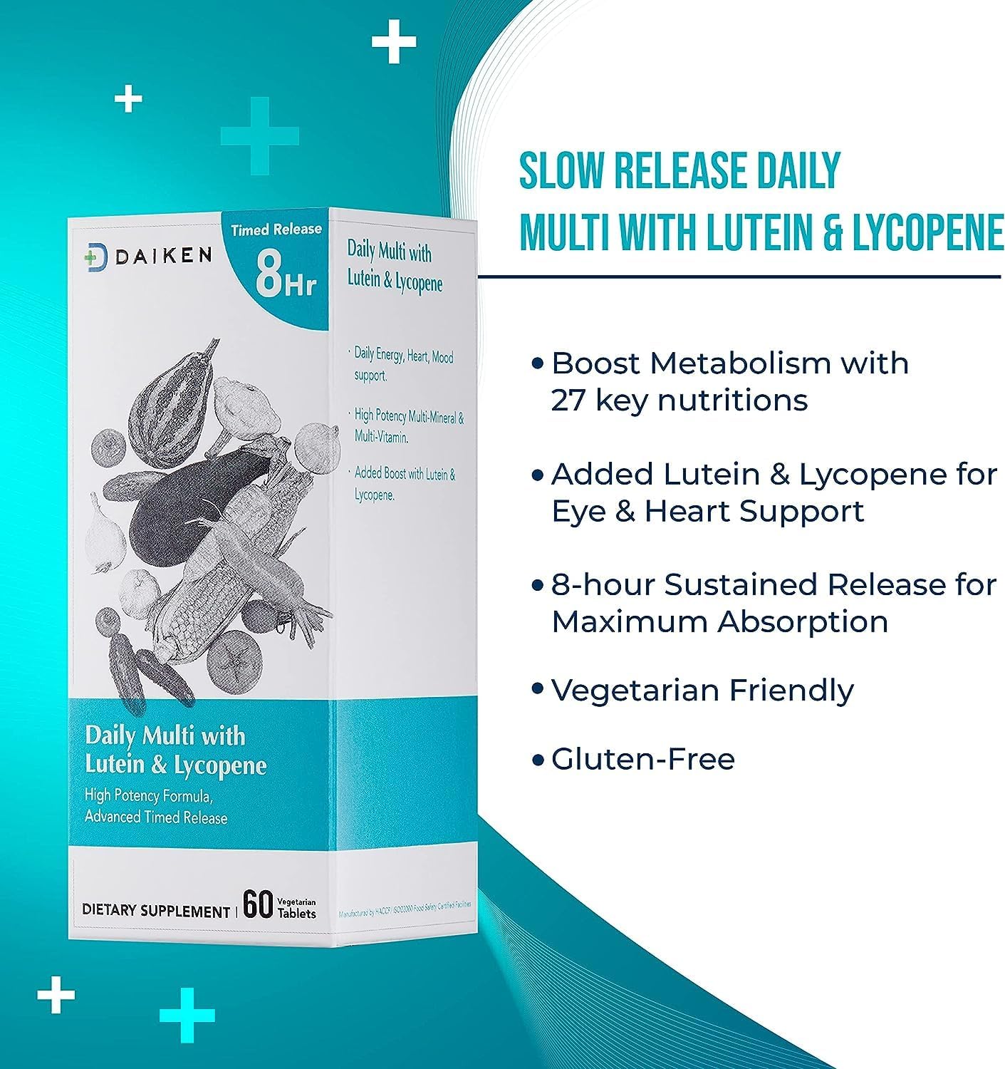 Time-Released DAIKEN Lutein Multivitamin with Lycopene for Men & Women - 54 Vegan Tablets, Full Spectrum Formula