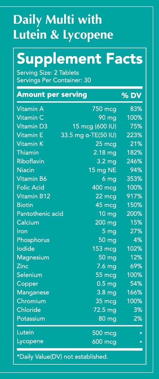 Time-Released DAIKEN Lutein Multivitamin with Lycopene for Men & Women - 54 Vegan Tablets, Full Spectrum Formula