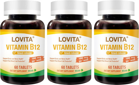 Timed Release Vegan Vitamin B12 1000 mcg Tablets - Supports Nervous System - 60 Vegetarian Tablets x 3 Packs - Cyanocobalamin Formula - 2 Month Supply
