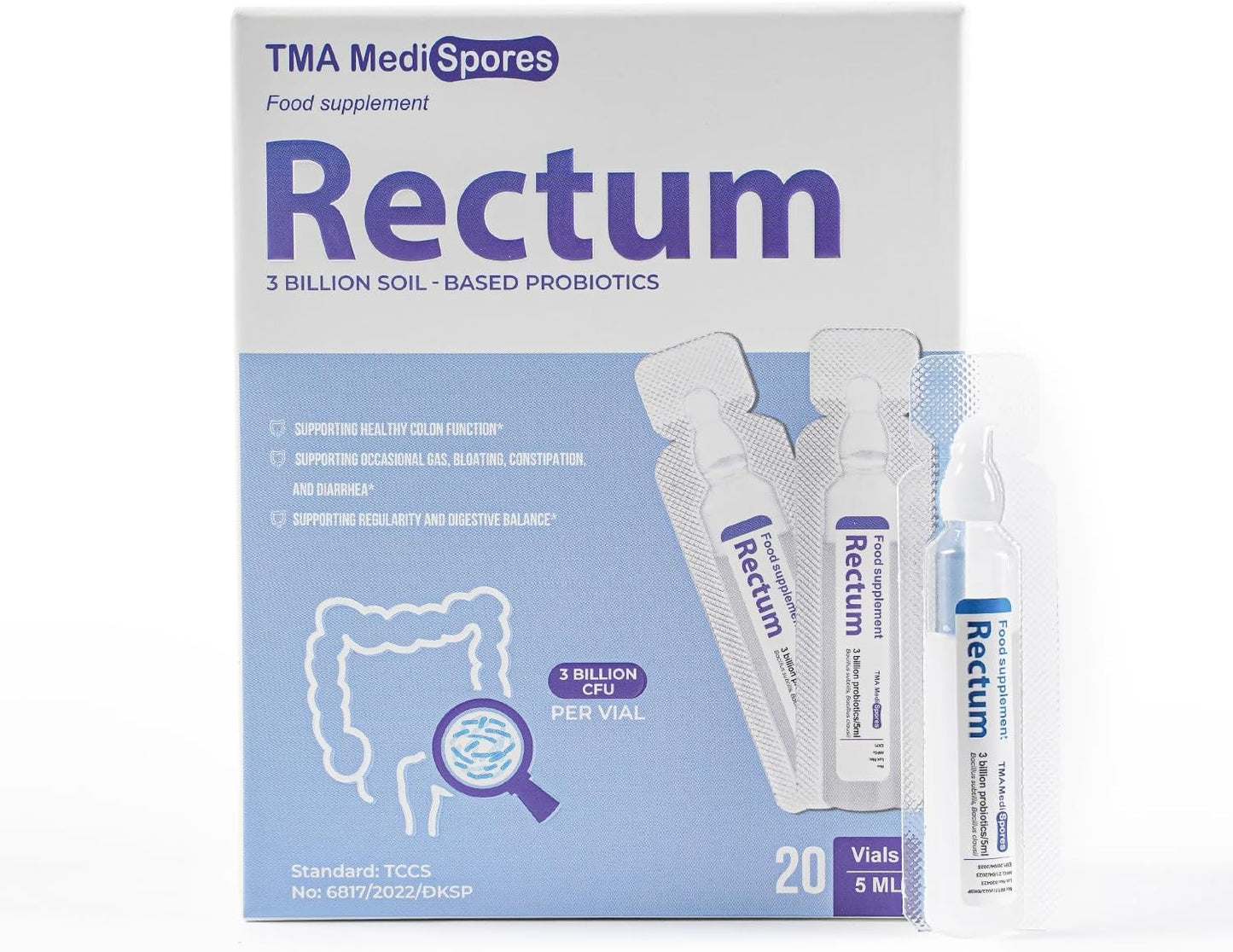 TMA Medispores Rectum Probiotic Liquid: Gut Health Support for Stomach Relief, Bloating, Immune System, Digestive Health - 20 Vials (3 Billion CFUs/Vial) for Adults and Kids