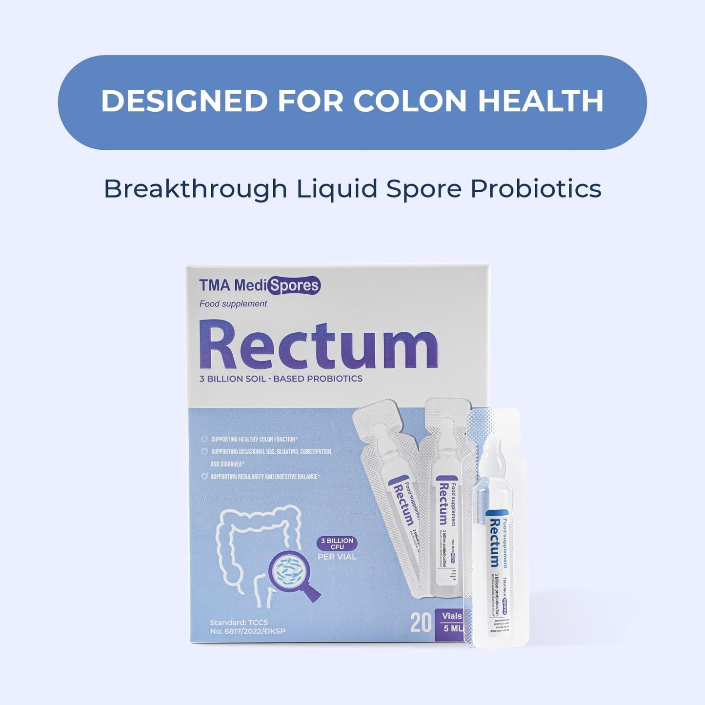 TMA Medispores Rectum Probiotic Liquid: Gut Health Support for Stomach Relief, Bloating, Immune System, Digestive Health - 20 Vials (3 Billion CFUs/Vial) for Adults and Kids