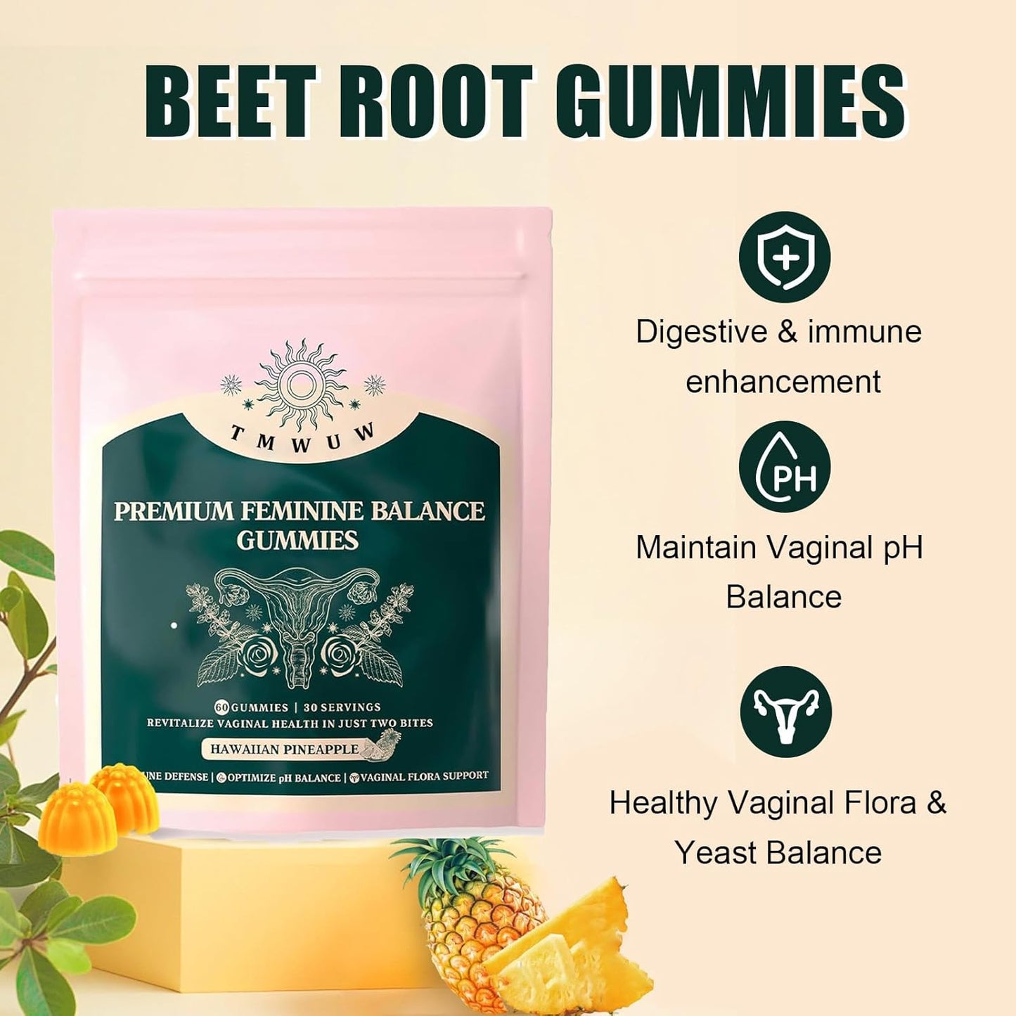 TMWUW Premium Hawaiian Pineapple Feminine Balance Gummies - Immune Support for Women - Vegan, Gluten-Free & Halal - 60 Gummies