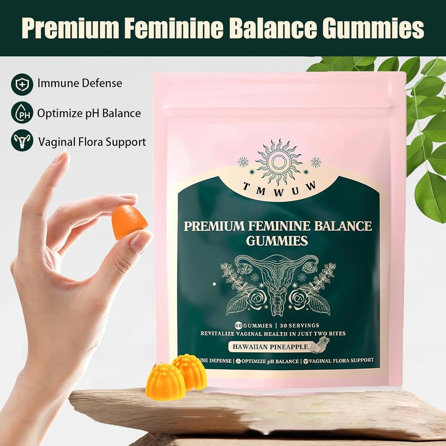 TMWUW Premium Hawaiian Pineapple Feminine Balance Gummies - Immune Support for Women - Vegan, Gluten-Free & Halal - 60 Gummies