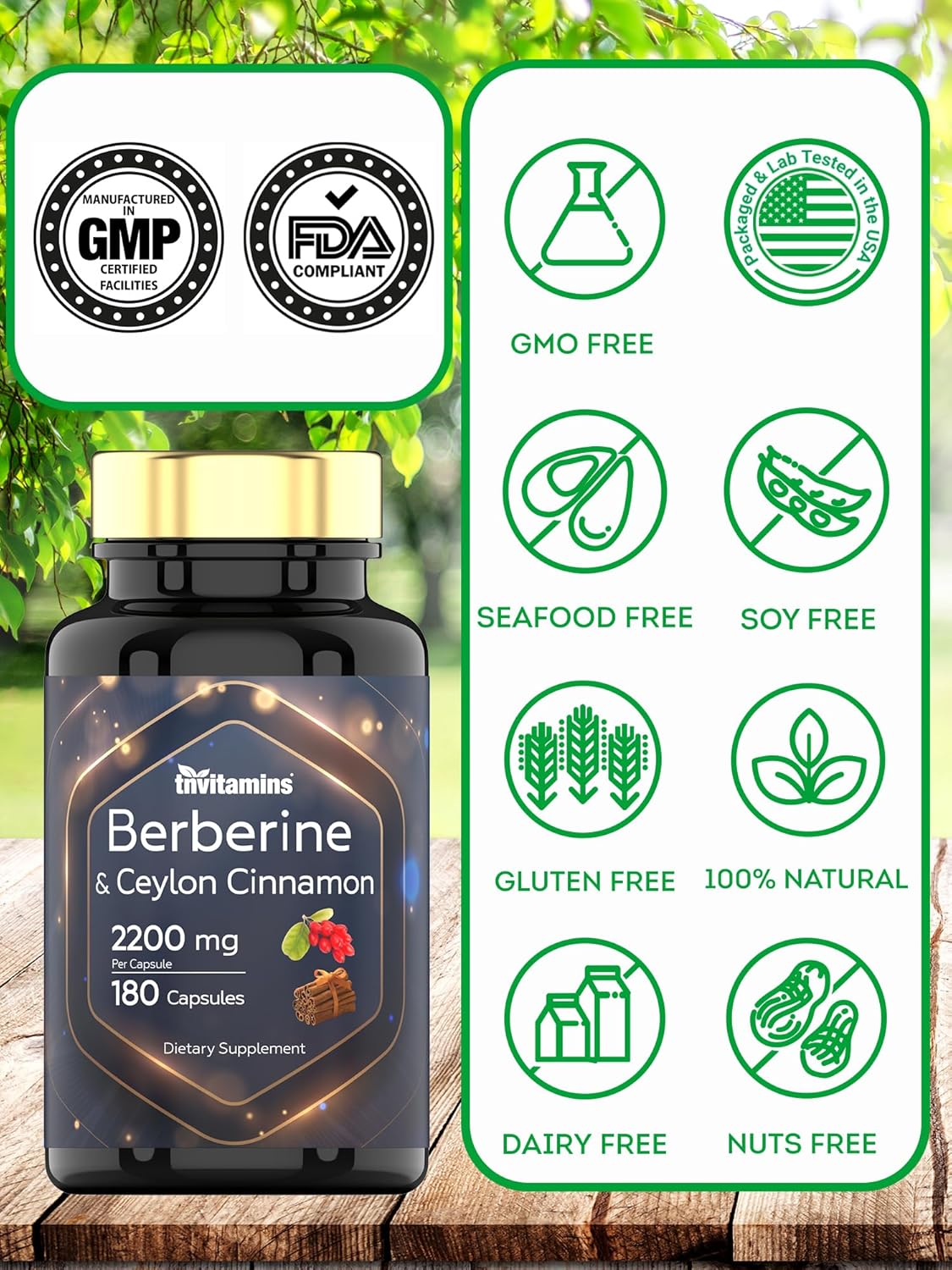 tnvitamins Berberine and Ceylon Cinnamon Capsules - 2200 mg, 180 Count - Natural Supplement for Weight Management, Cardiovascular & Circulatory Health - 6 Months Supply*