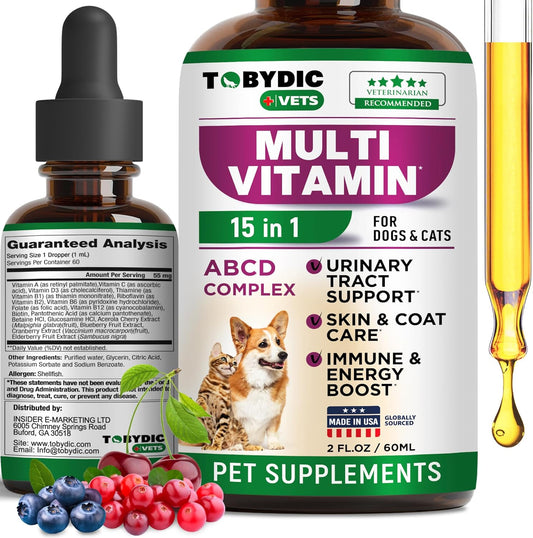 TOBYDIC Cat & Dog Multivitamin - 15 in 1 Pet Supplements with Cranberry & Glucosamine for UTI, Urinary Tract, Bladder, Kidney, Skin Coat, Joints - Made in USA