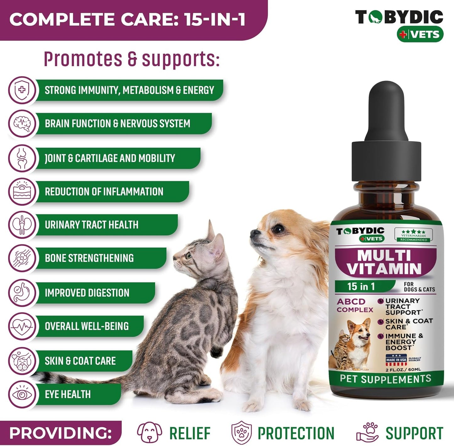 TOBYDIC Cat & Dog Multivitamin - 15 in 1 Pet Supplements with Cranberry & Glucosamine for UTI, Urinary Tract, Bladder, Kidney, Skin Coat, Joints - Made in USA