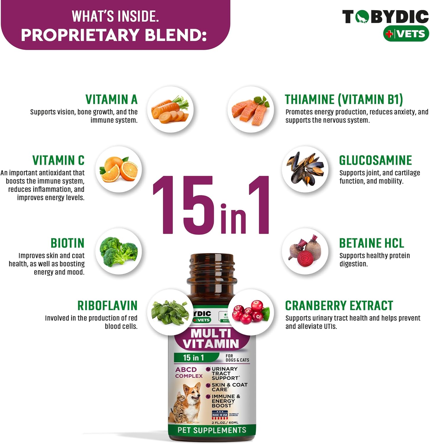 TOBYDIC Cat & Dog Multivitamin - 15 in 1 Pet Supplements with Cranberry & Glucosamine for UTI, Urinary Tract, Bladder, Kidney, Skin Coat, Joints - Made in USA