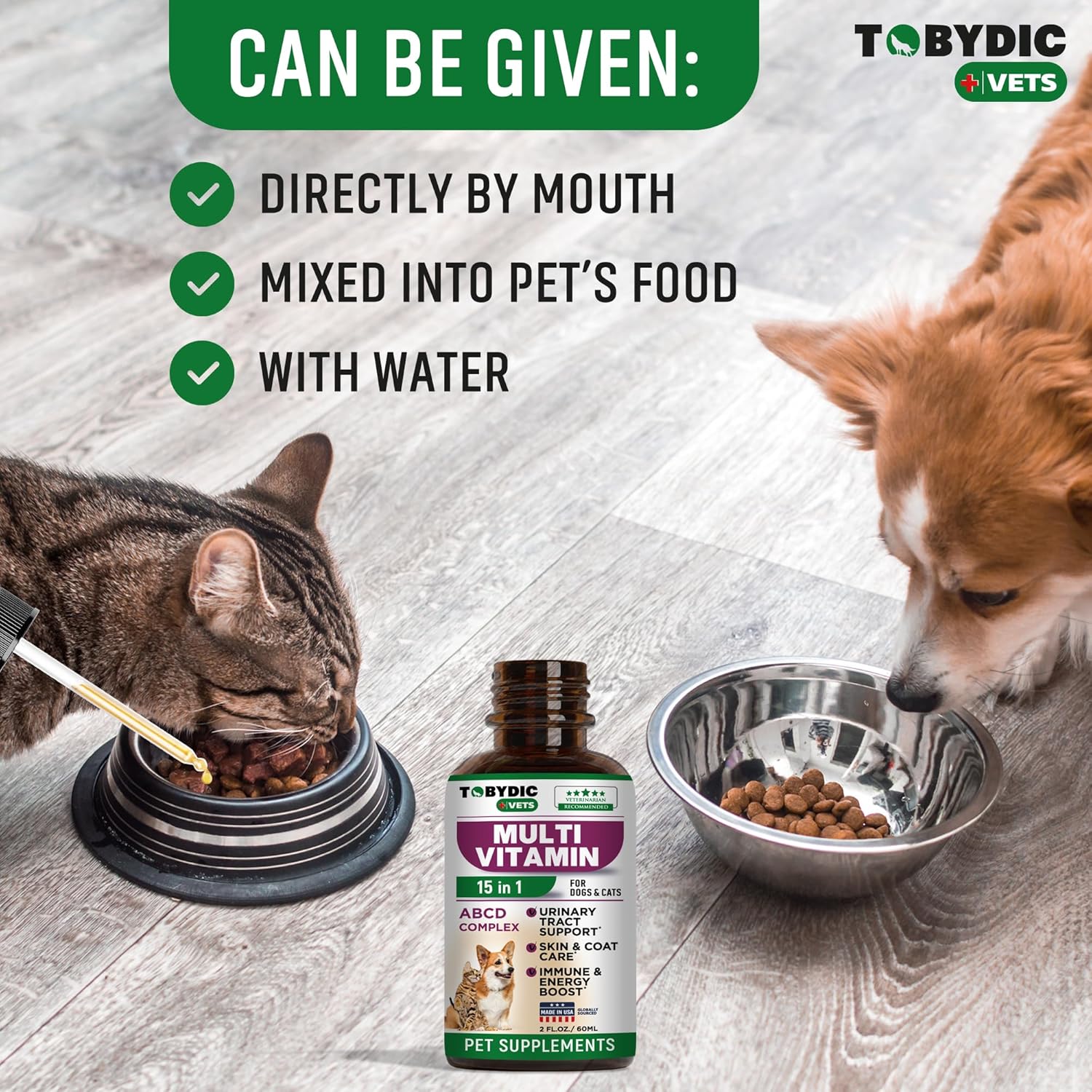 TOBYDIC Cat & Dog Multivitamin - 15 in 1 Pet Supplements with Cranberry & Glucosamine for UTI, Urinary Tract, Bladder, Kidney, Skin Coat, Joints - Made in USA
