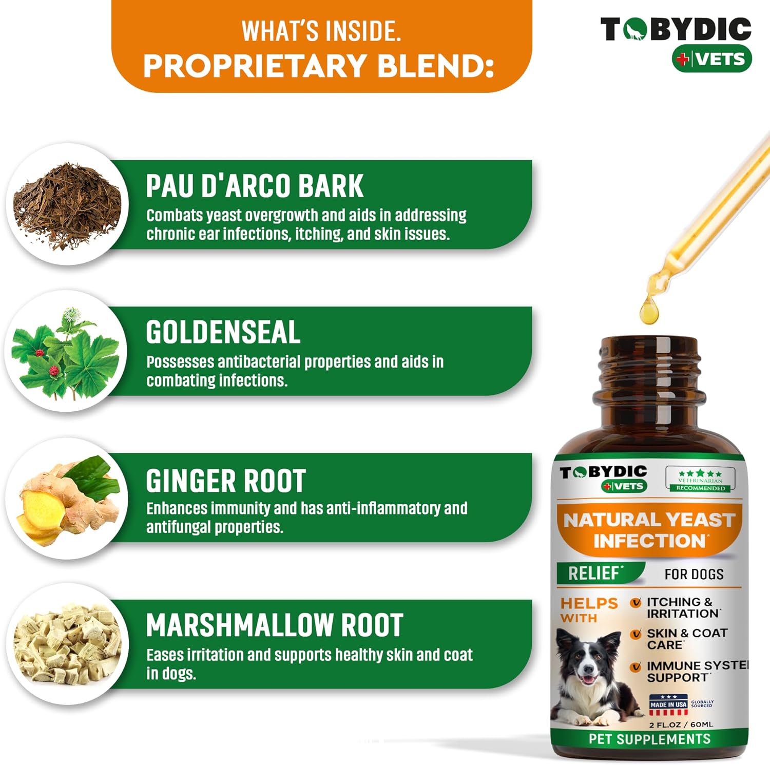 TOBYDIC Natural Dog Yeast Infection Relief Drops - Soothes Itchy Skin & Ears - Allergy & Irritation Relief - USA Made Herbal Supplement