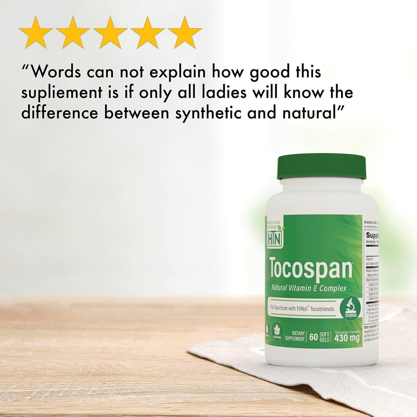 Tocospan Full Spectrum Vitamin-E 430mg with EVNol Tocotrienols - Pack of 60 | Cardiovascular & Antioxidant Support | All 8 Natural Vitamin E Sources