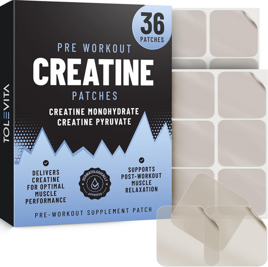 TOLEVITA Creatine Pre Workout Patches - 36 Pcs | Boost Energy & Recovery | Creatine Monohydrate & Pyruvate | Gym & Fitness Support