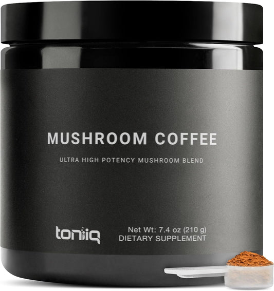 Toniiq Mushroom Coffee - Ultra High Potency 10:1 Concentrated Extract - Colombian Sourced Beans with 10 Mushroom Blend, Lion's Mane & Cordyceps - Rich & Functional Coffee Alternative - Third-Party Lab Tested