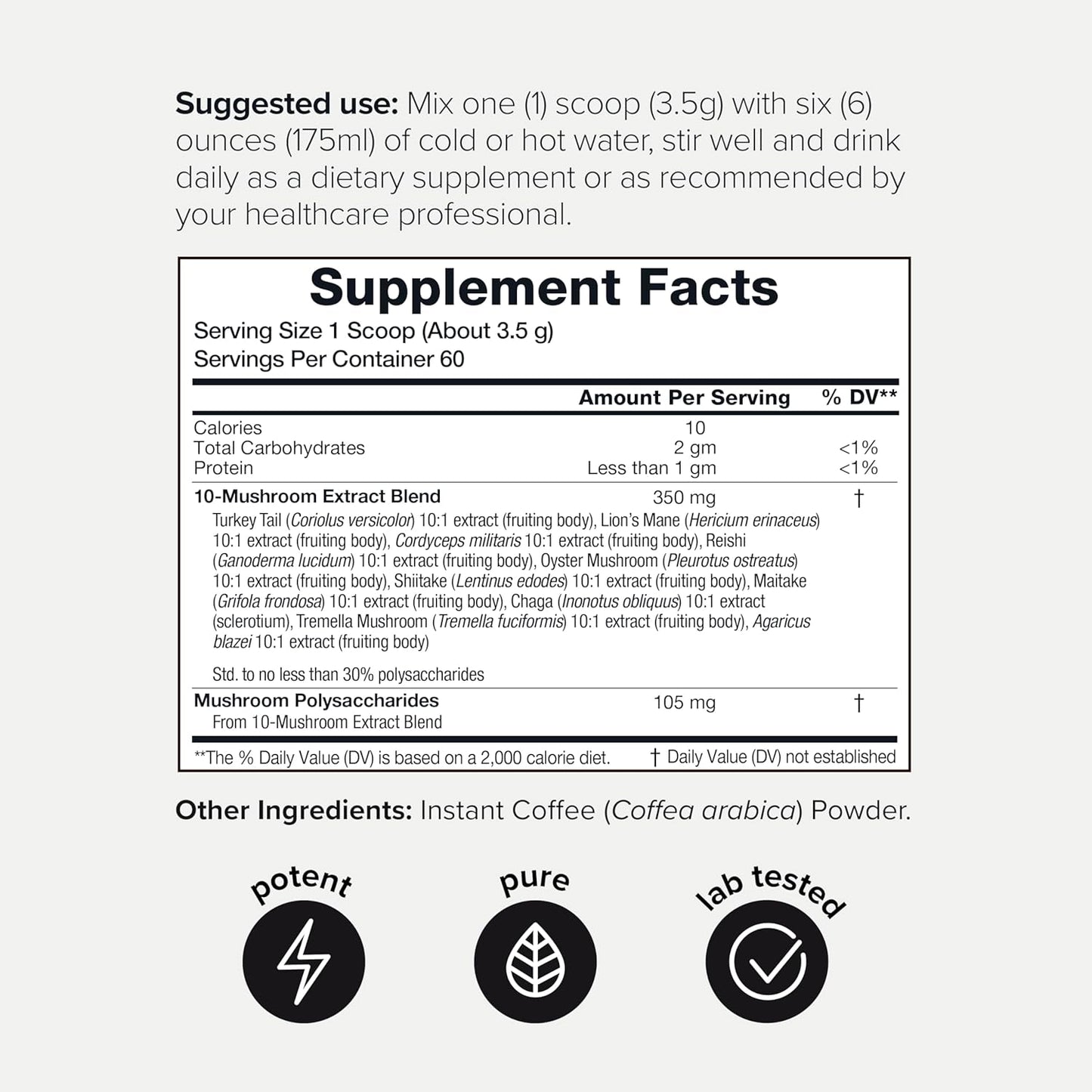 Toniiq Mushroom Coffee - Ultra High Potency 10:1 Concentrated Extract - Colombian Sourced Beans with 10 Mushroom Blend, Lion's Mane & Cordyceps - Rich & Functional Coffee Alternative - Third-Party Lab Tested
