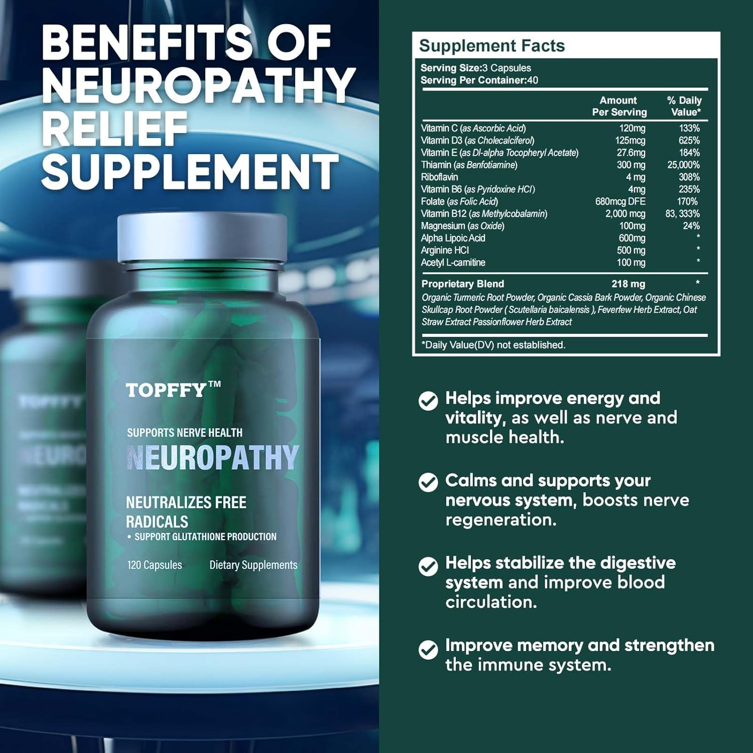 Topffy Neuropathy Nutritional Blend with 600mg Alpha Lipoic Acid & Benfotiamine - Natural Nerve Vitamins for Relief in Feet, Hands, Legs & Toes