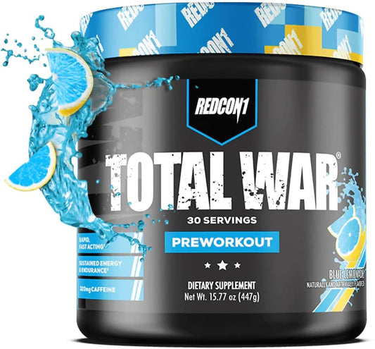 Total War Blue Lemonade Pre Workout Powder - Beta Alanine + Citrulline Malate Keto Friendly Preworkout with 320mg Caffeine - Fast Acting Energy Booster for Men & Women (30 Servings)