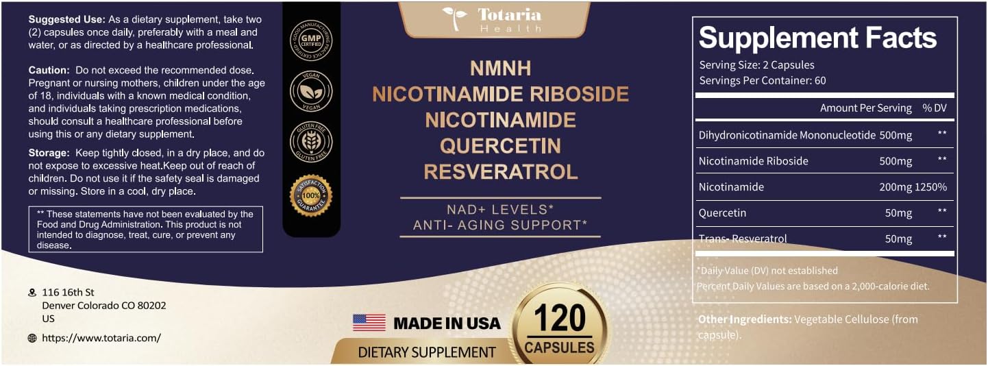 Totaria NMNH Supplement for Anti-Aging, Energy, and Focus - 1 Pack with Niacinamide and Trans-Resveratrol