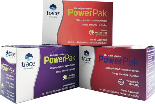 Trace Minerals Electrolyte Stamina Power Pak with 1200 mg Vitamin C, Non-GMO, Acai Berry, Pomegranate Blueberry, Guava Passion Fruit, 30 Packets, Pack of 3