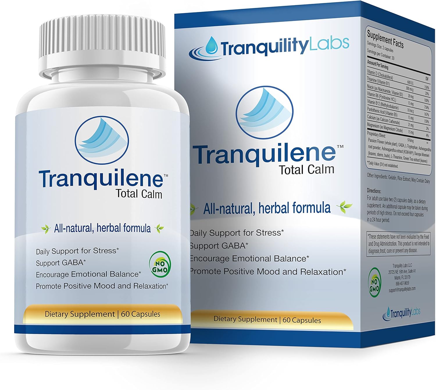 Tranquilene Total Calm Herbal Supplement - Stress Relief Capsules with Ashwagandha & B-Complex - 60ct - Extra Strength Formula