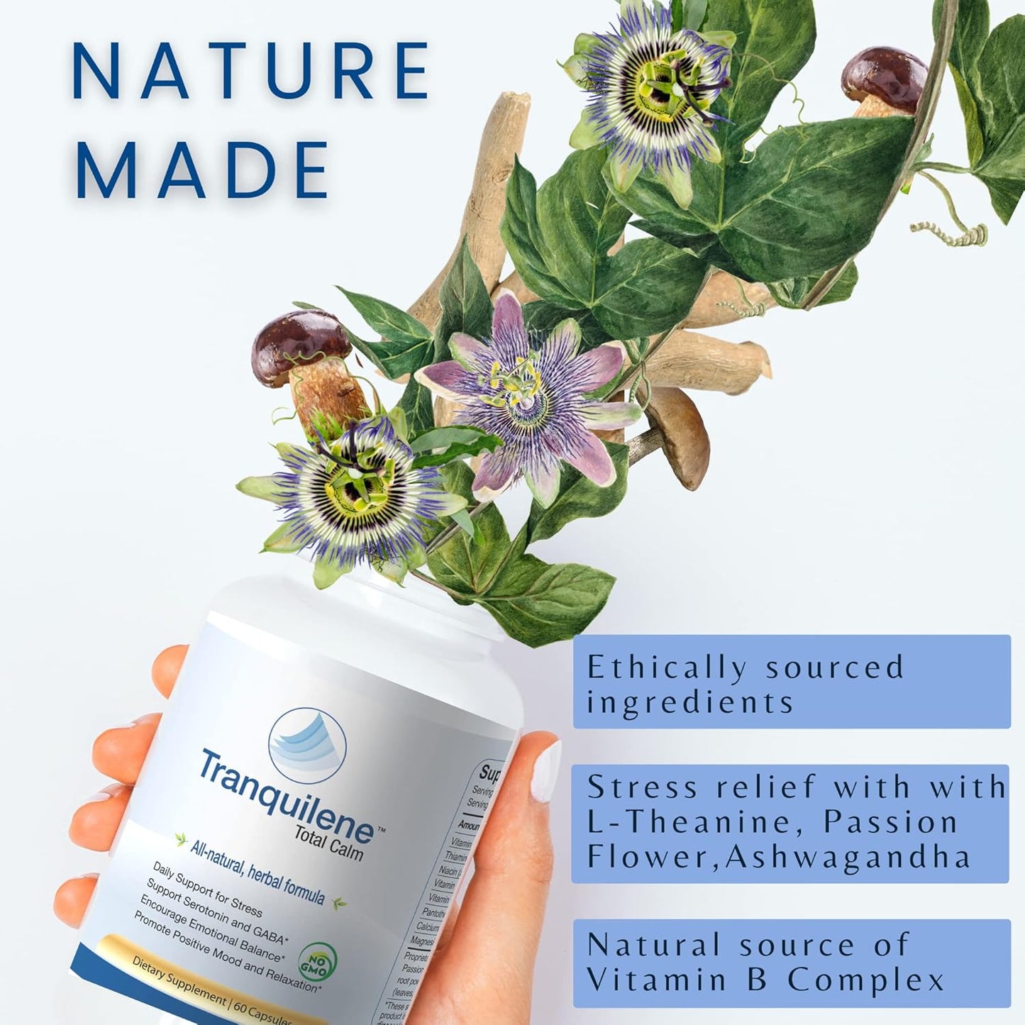 Tranquilene Total Calm Herbal Supplement - Stress Relief Capsules with Ashwagandha & B-Complex - 60ct - Extra Strength Formula