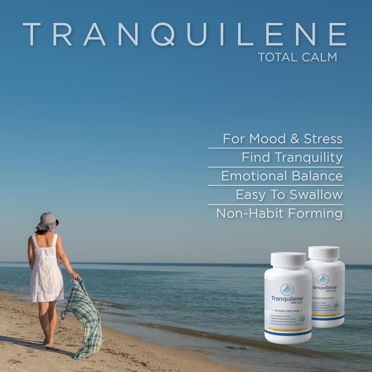 Tranquilene Total Calm Herbal Supplement - Stress Relief Capsules with Ashwagandha & B-Complex - 60ct - Extra Strength Formula