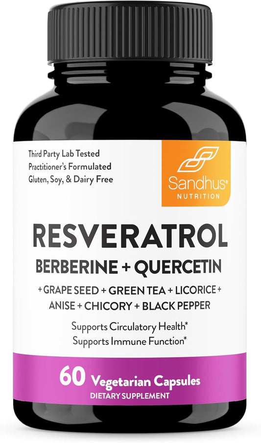Trans-Resveratrol with Berberine, Green Tea, Grape Seed Extract, & Quercetin Capsules for Gut, Digestive & Immune Health