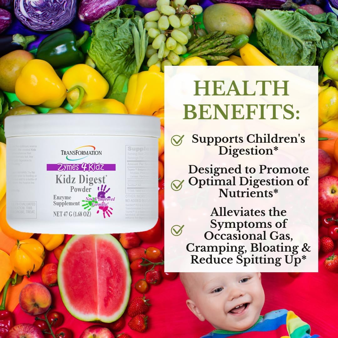 Transformation Enzymes Kidz Digest Powder - Natural Digestive Support for Kids - Alleviates Gas, Cramping, Bloating - Easy to Mix - 47g