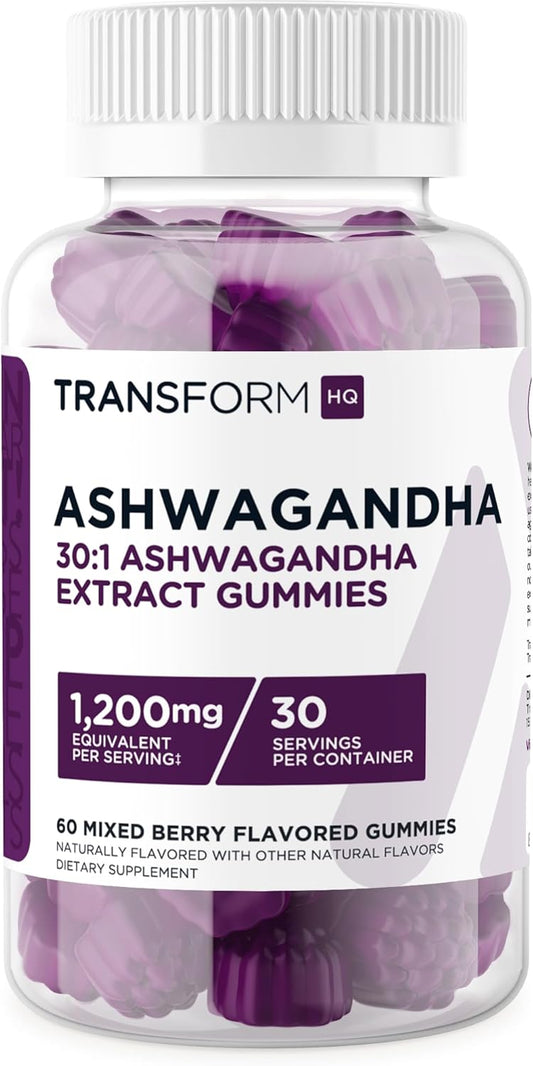 TransformHQ Ashwagandha Gummies 1,200mg - Mixed Berry Flavor, Herbal Extract Supplement - 60 Gummies, 30 Servings - Gluten Free & Non-GMO