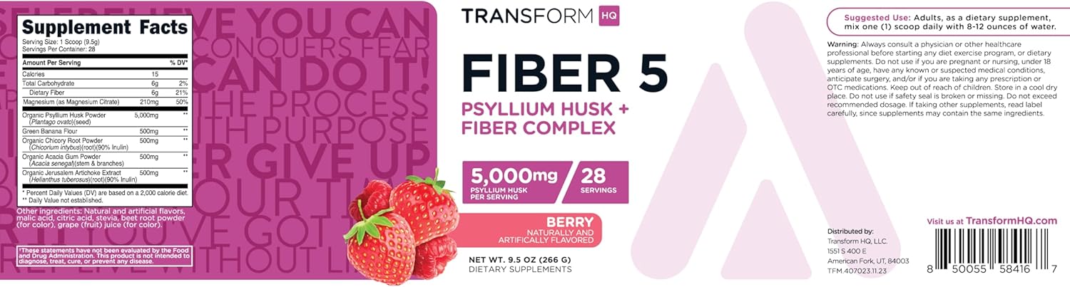 TransformHQ Fiber 5 Psyllium Husk Complex Powder - Berry Flavor - 28 Servings - 5,000mg Psyllium Husk - Digestive Health - Natural Soluble Plant Fiber Blend