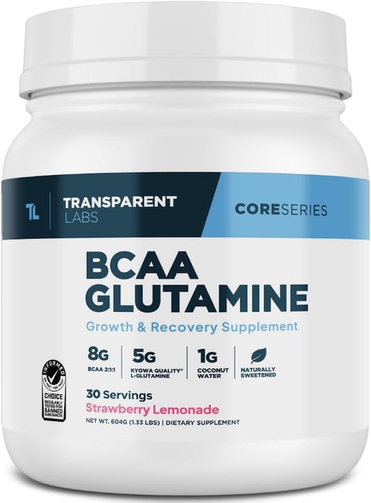 Transparent Labs BCAA Glutamine - Strawberry Lemonade Flavor - 8000 Mg BCAA Powder with L Glutamine - Post Workout Recovery, Muscle Growth, Endurance - 30 Servings