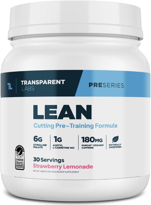 Transparent Labs Lean Pre-Workout - Acetyl L-Carnitine & Beta Alanine Powder - Body Recomposition Pre Workout - 30 Servings, Strawberry Lemonade