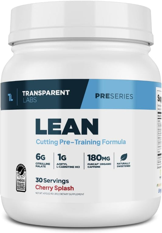 Transparent Labs Lean Pre-Workout: Body Recomposition Formula with Acetyl L-Carnitine & Beta Alanine - 30 Servings, Cherry Splash