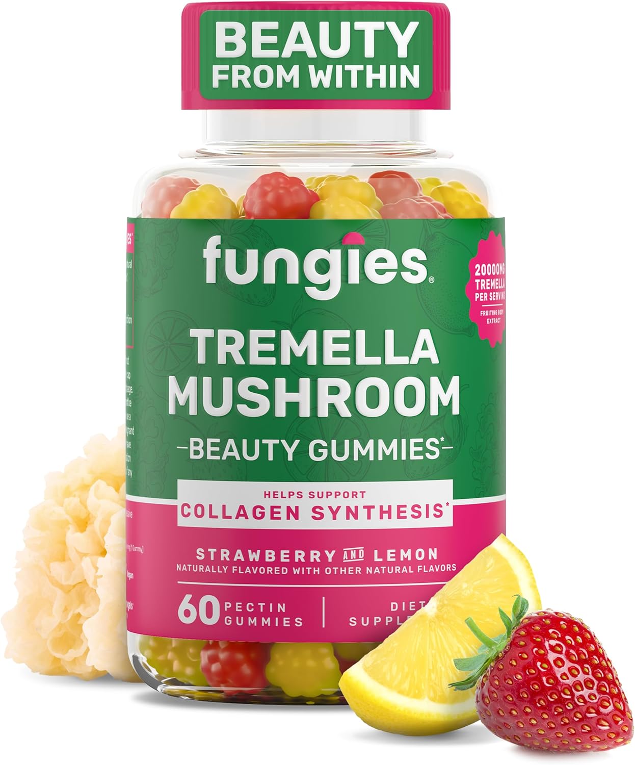 Tremella Mushroom Beauty Gummies - Mixed Strawberry & Lemon Flavor, Supports Collagen Synthesis & Healthy Skin, Herbal Supplement for Healthy Aging - 60 Servings
