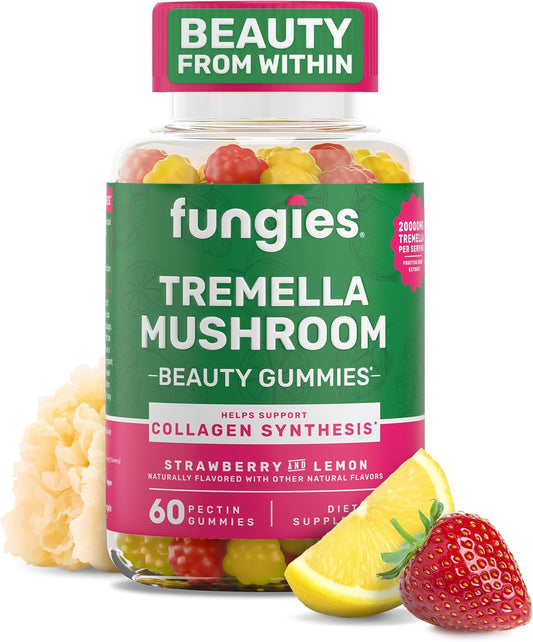 Tremella Mushroom Beauty Gummies - Mixed Strawberry & Lemon Flavor, Supports Collagen Synthesis & Healthy Skin, Herbal Supplement for Healthy Aging - 60 Servings