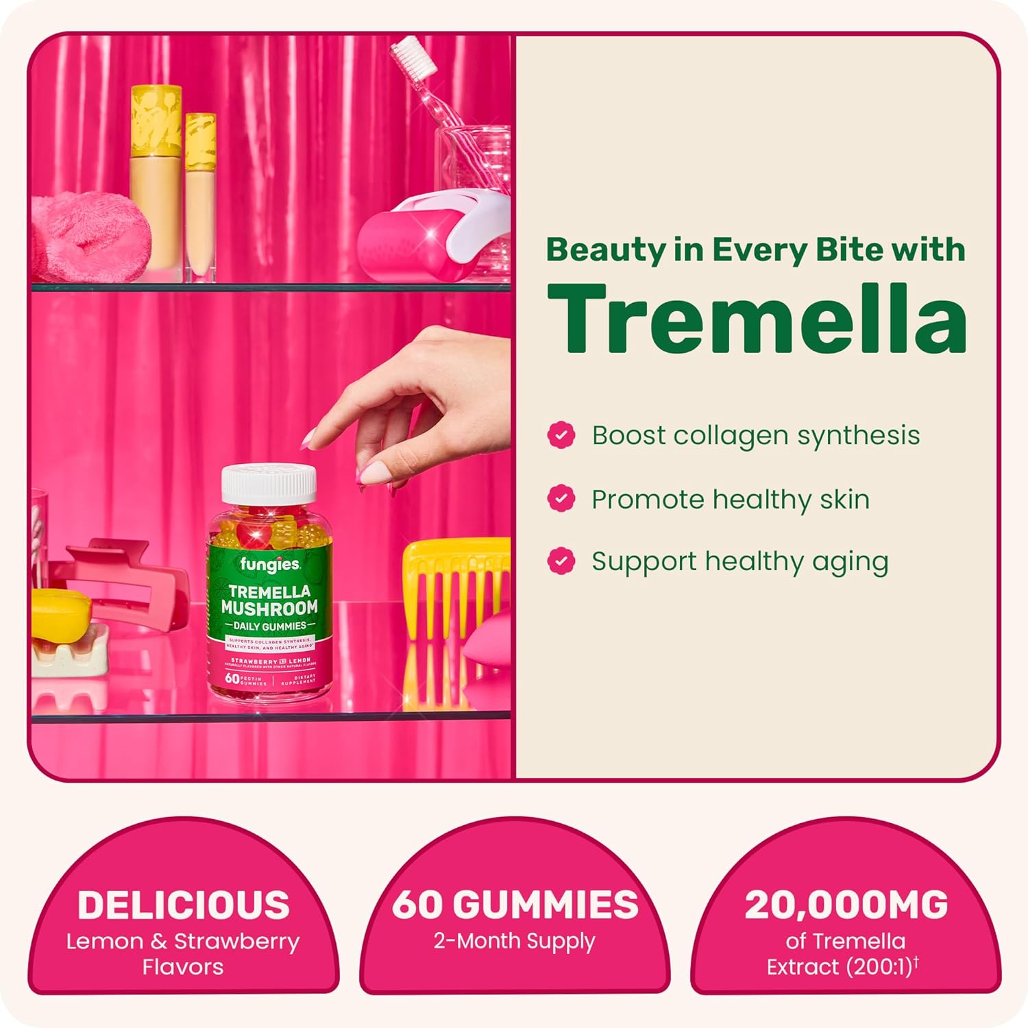 Tremella Mushroom Beauty Gummies - Mixed Strawberry & Lemon Flavor, Supports Collagen Synthesis & Healthy Skin, Herbal Supplement for Healthy Aging - 60 Servings