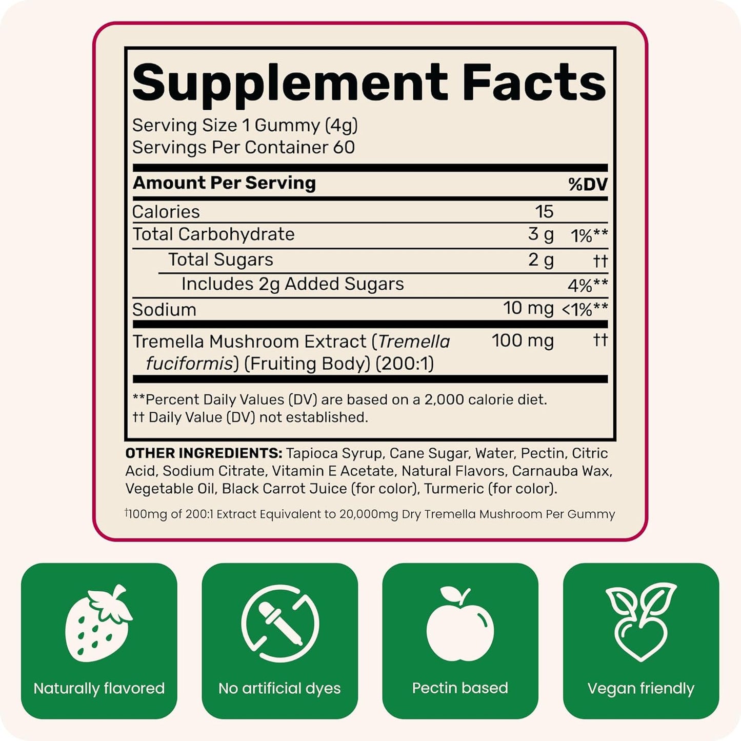Tremella Mushroom Beauty Gummies - Mixed Strawberry & Lemon Flavor, Supports Collagen Synthesis & Healthy Skin, Herbal Supplement for Healthy Aging - 60 Servings