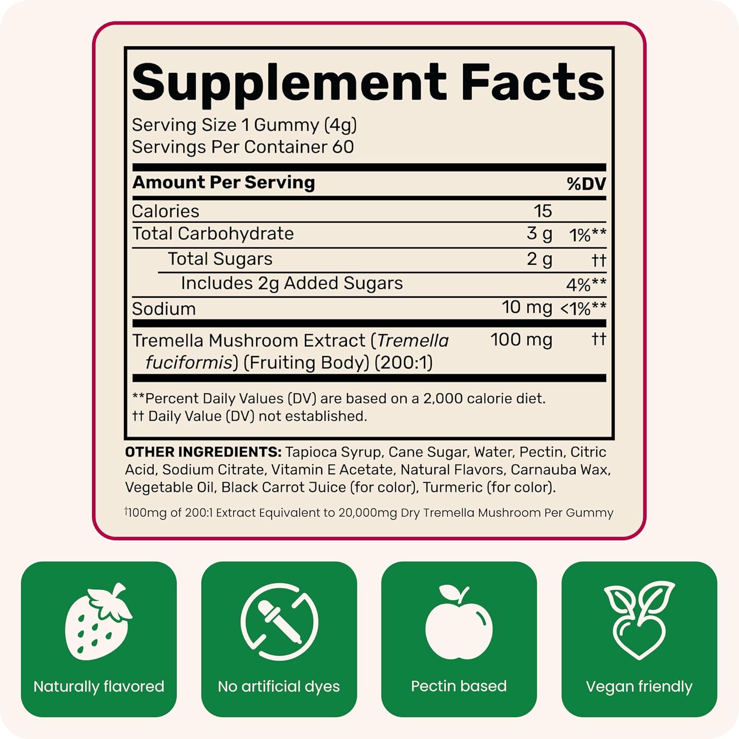 Tremella Mushroom Beauty Gummies - Mixed Strawberry & Lemon Flavor, Supports Collagen Synthesis & Healthy Skin, Herbal Supplement for Healthy Aging - 60 Servings