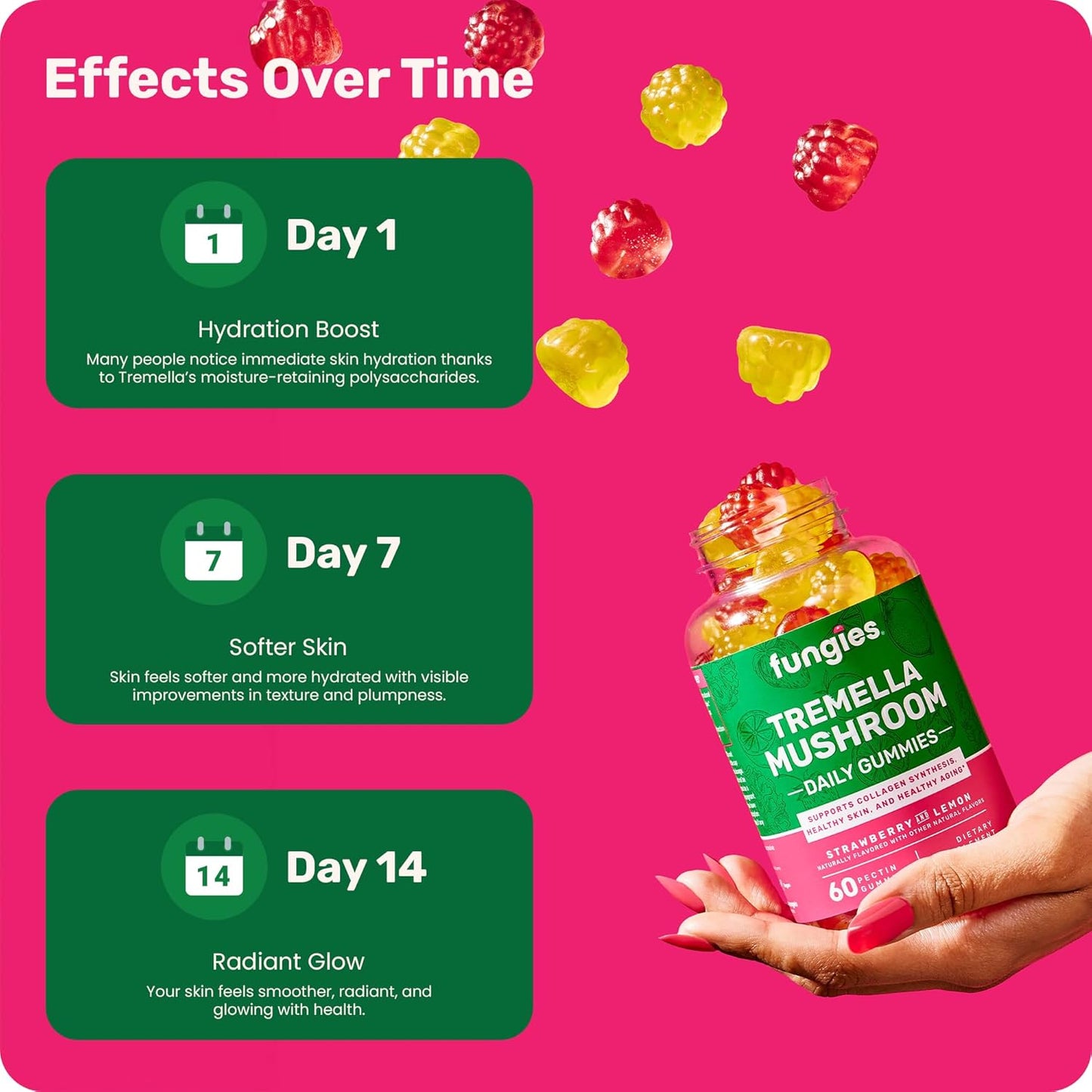 Tremella Mushroom Beauty Gummies - Mixed Strawberry & Lemon Flavor, Supports Collagen Synthesis & Healthy Skin, Herbal Supplement for Healthy Aging - 60 Servings