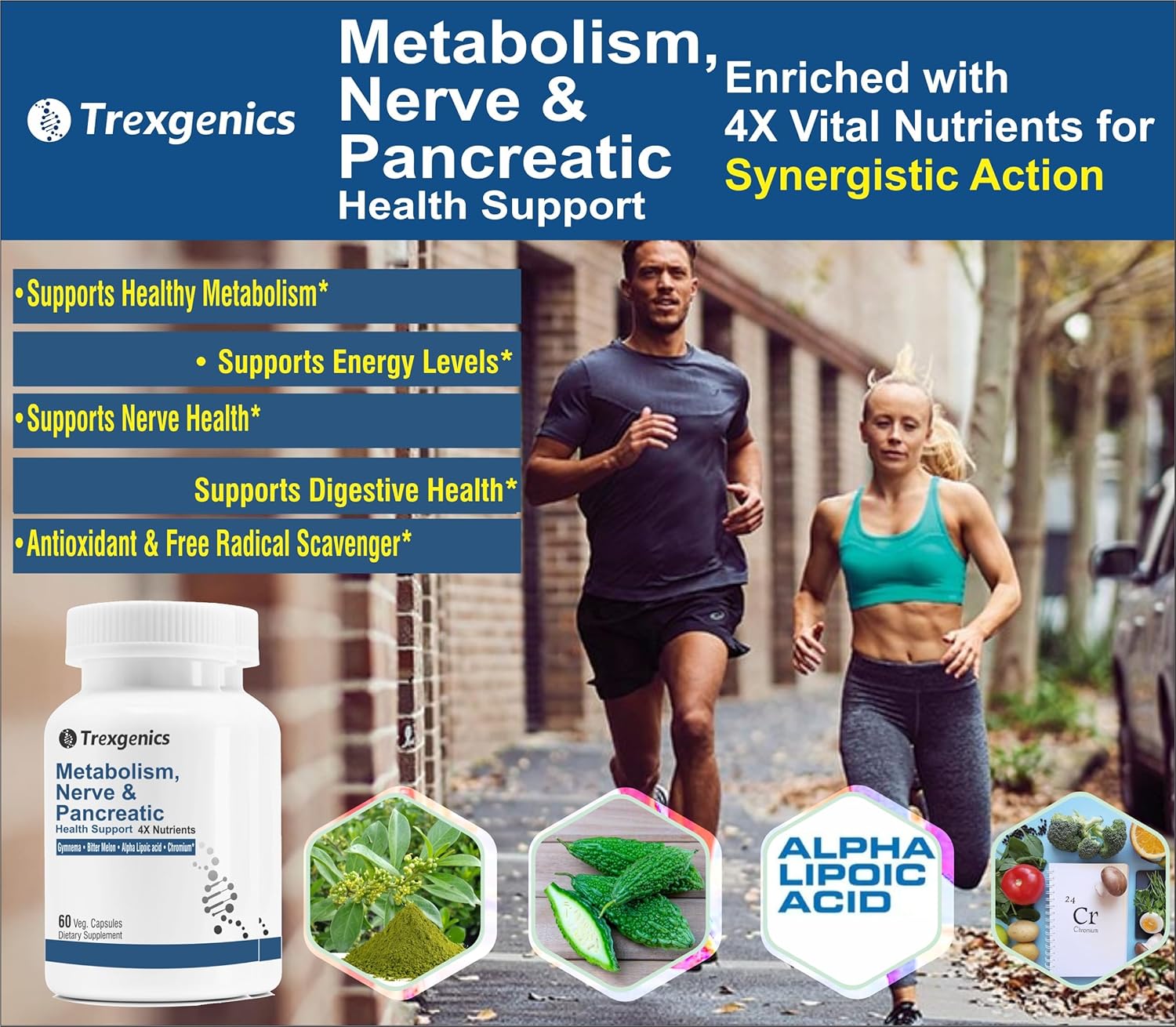 Trexgenics Metabolism Support Supplement with Gymnema, Bitter Melon, Chromium, and Alpha Lipoic Acid - 60 Vegan Capsules