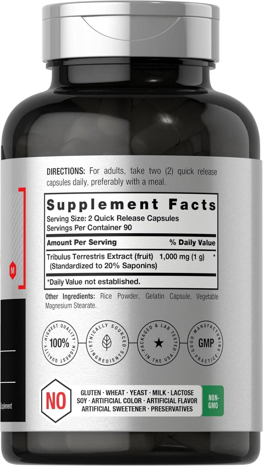 Tribulus Terrestris Extract Supplement for Men - 1000mg, 180 Capsules - Non-GMO & Gluten Free